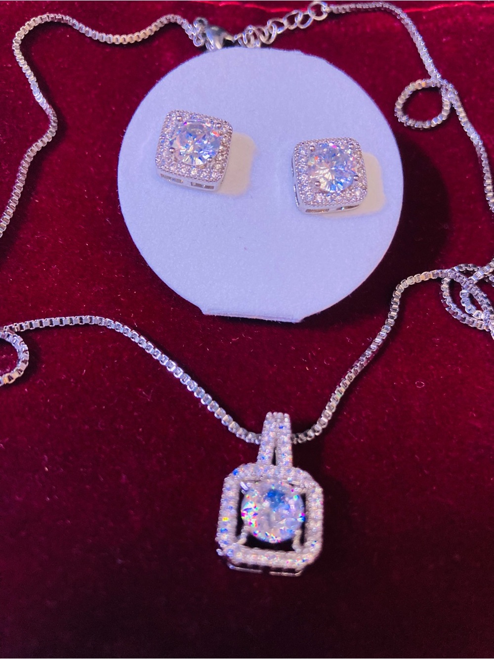 Sterling Silver Cubic Zirconia Halo Necklace and Stud Earrings Set - White